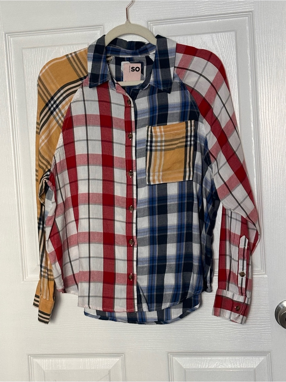 SO Colorblock Plaid Button-Down Shirt in Red, Blue & Mustard GUG Sz:S